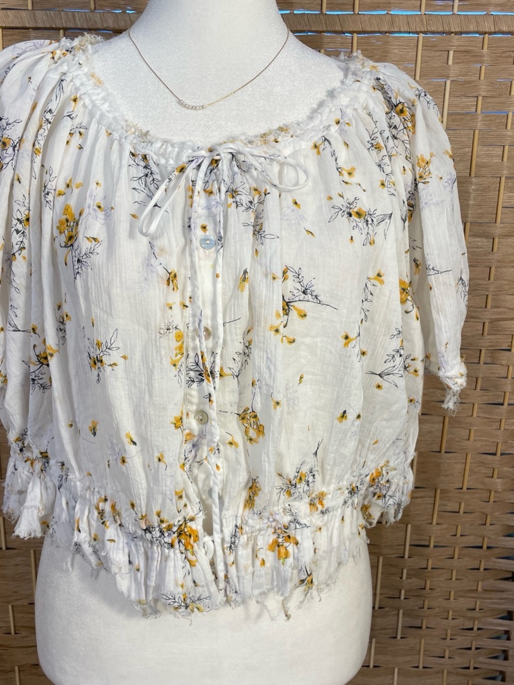 White Floral Peasant Top with Yellow Accents